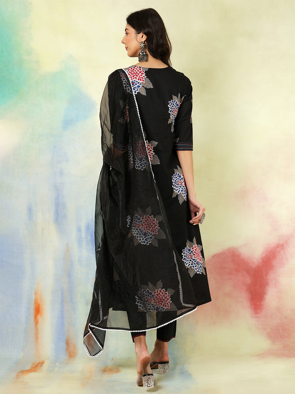 Black Rayon Printed Embroidered Straight Kurta Suit Set