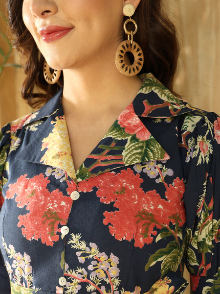 Blue Cotton Hip Length Printed Shirt Collar Flared Top Palazzo Set