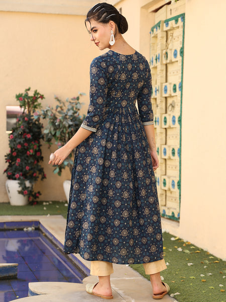 Navy Cotton Calf Length Printed Semi-Flared V-Neck Kurta