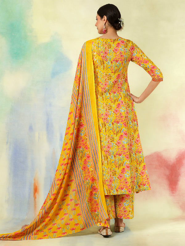 Black Pure Cotton Printed Embroidered Semi-Flared Kurta Suit Set