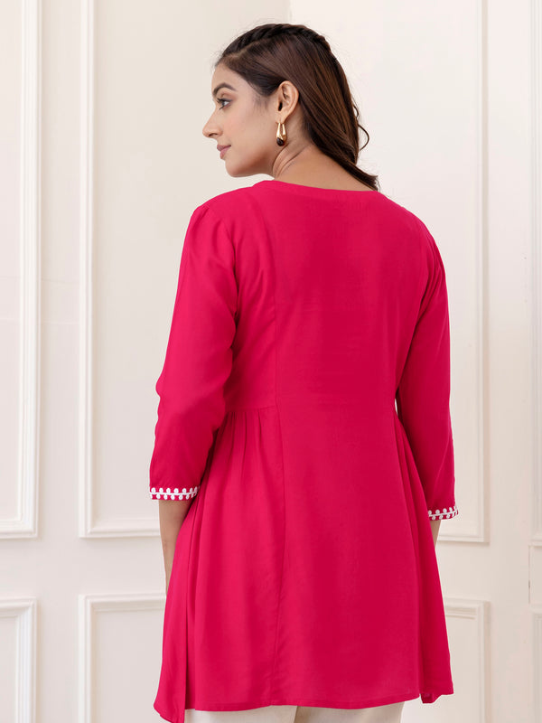 Rani Rayon Hip Length Solid Round Neck Solid Embroidered Straight Top