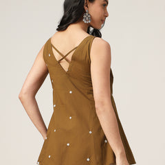 Cotton Hip Length Solid Sleeveless V-Neck Flared Top