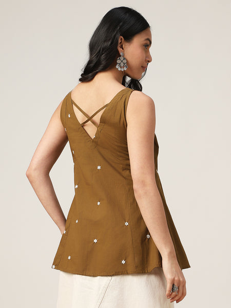 Cotton Hip Length Solid Sleeveless V-Neck Flared Top