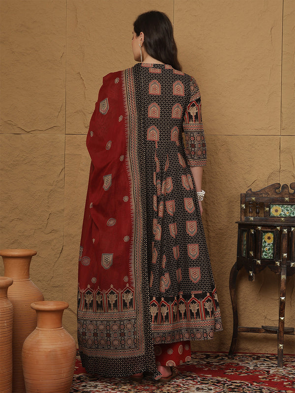 Black Cotton Printed Collared Neck Anarkali Kurta Suit Set