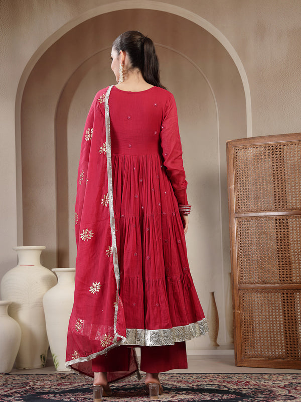 Gulmohar Jaipur Malmal Calf Length Solid Full Sleeves Anrakha Neck Anarkali Kurta Suit Set