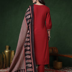 Maroon Rayon Calf Length Solid 3/4 Sleeves Round Neck Straight Kurta Suit Set