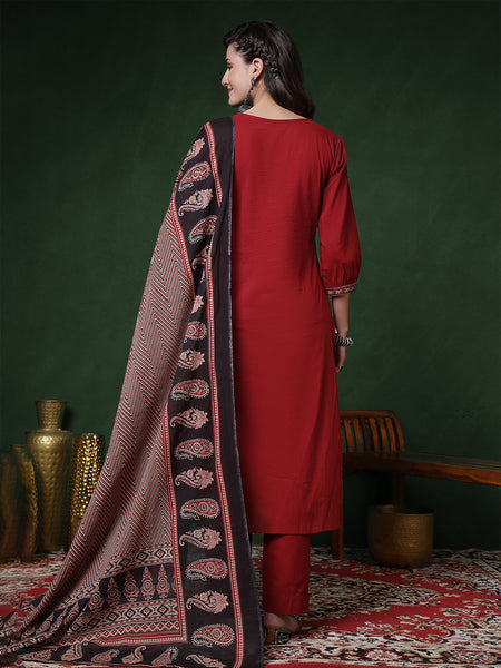 Maroon Rayon Calf Length Solid 3/4 Sleeves Round Neck Straight Kurta Suit Set