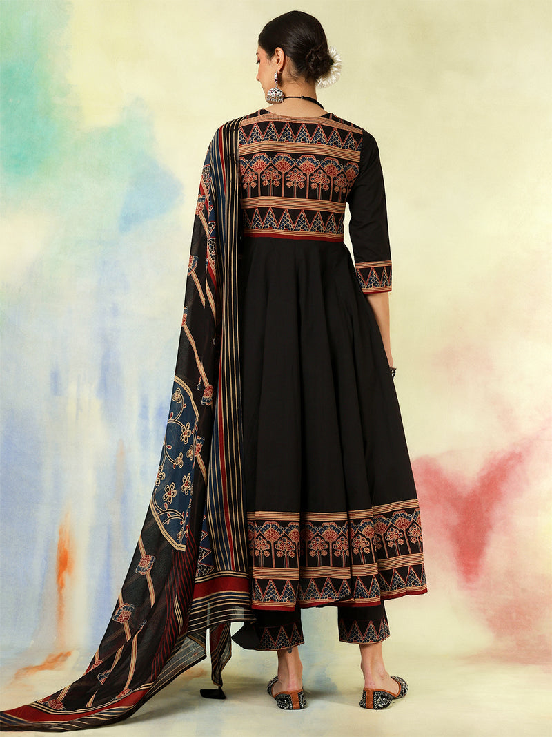 Black Pure Cotton Printed Embroidered Anarkali Kurta Suit Set