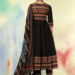 Black Pure Cotton Printed Embroidered Anarkali Kurta Suit Set
