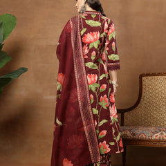 Cotton Calf Length Printed 3/4 Sleeves V-Neck Flared Kurta Suit Set