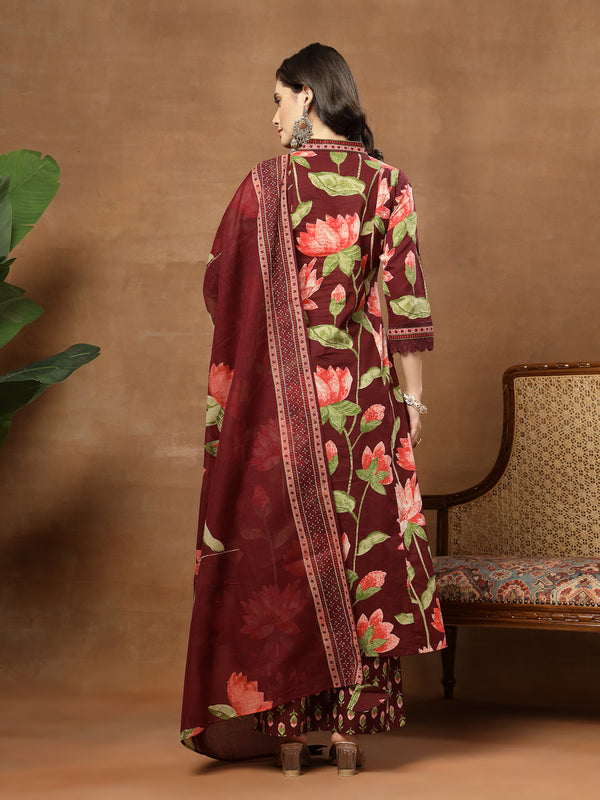 Cotton Calf Length Printed 3/4 Sleeves V-Neck Flared Kurta Suit Set