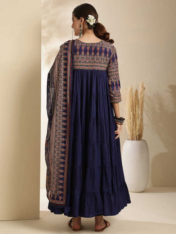 Maroon Pure Cotton Solid 3/4 Sleeves Key Hole Neck Anarkali Kurta Suit Set