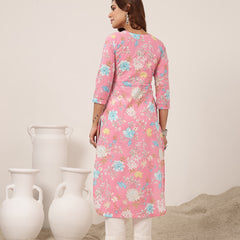 Cotton Calf Length Printed 3/4 Sleeve Round Neck Straight Kurta
