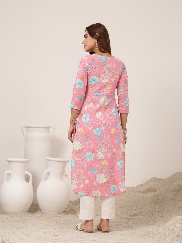 Cotton Calf Length Printed 3/4 Sleeve Round Neck Straight Kurta