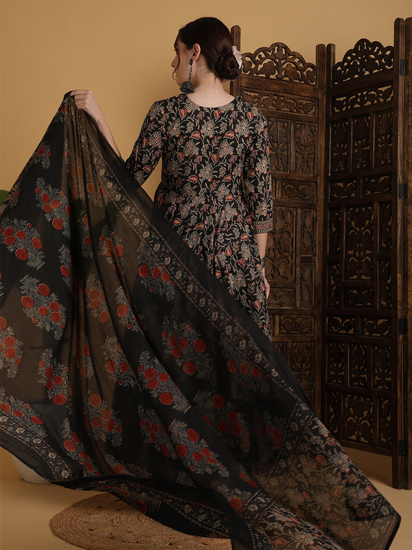 Black Pure Cotton Printed Hand-Work Anarkali Kurta Suit Set