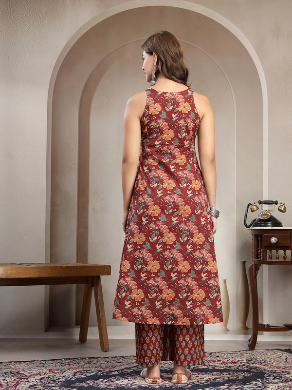 Cotton Calf Length Printed Sleeveless V-Neck Flared Kurta Suit Set