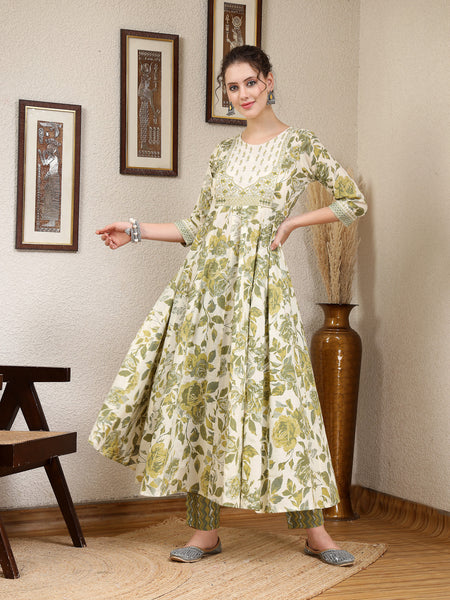 Olive Cotton Calf Length Printed Round Neck Anarkali Kurta Suit Set