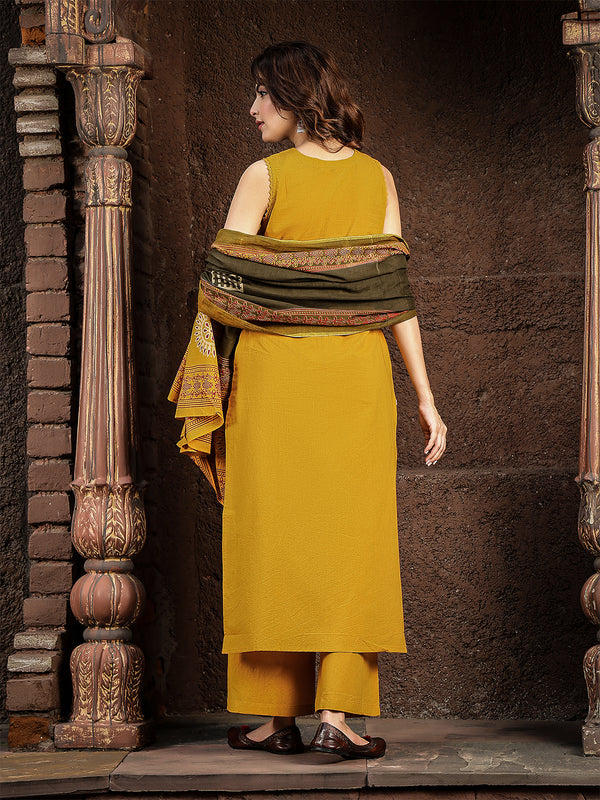 Gulmohar Jaipur Rayon Calf Length Solid Sleeveless V-Neck Straight Kurta Suit Set