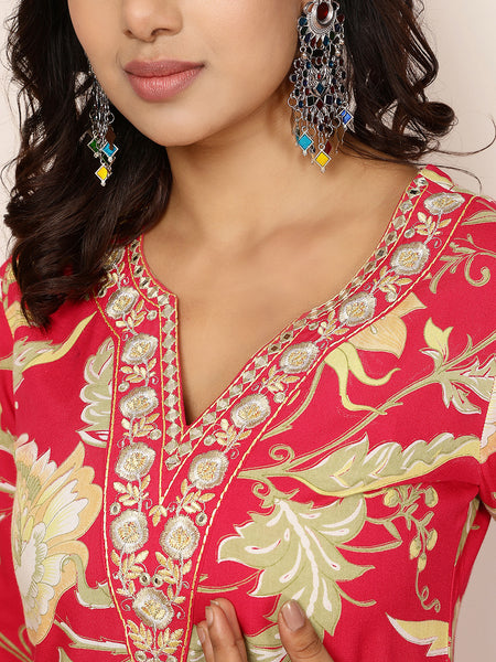 Coral Rayon Calf Length Printed V-Neck Straight Kurta