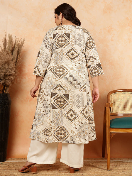 Cotton Flex Calf Length Printed A-Line 3/4 Sleeves Round Kurta (Plus+)