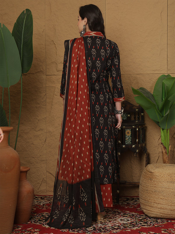 Black Pure Cotton Printed Hand-Work V-Neck Semi-Flared Kurta Suit Set