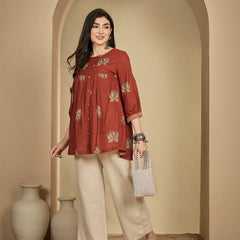 Gulmohar Jaipur Rayon Hip Length Printed 3/4 Sleeves Round Neck Flared Top