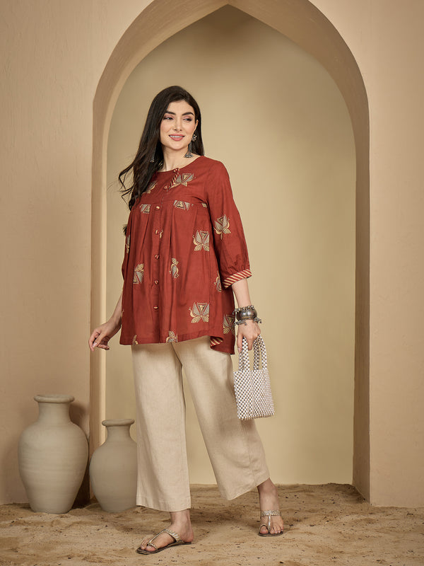 Gulmohar Jaipur Rayon Hip Length Printed 3/4 Sleeves Round Neck Flared Top