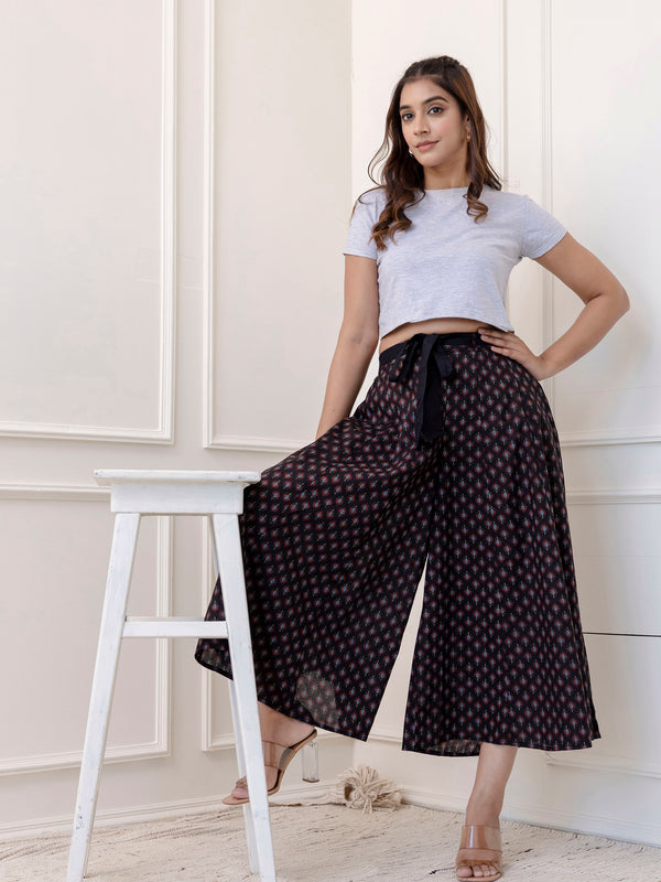 Blue Cotton Calf Length Printed Flared Palazzo
