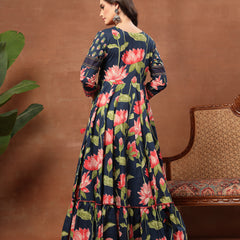 Cotton Ankle Length Printed 3/4 Sleeves V-Neck Flared Kurta
