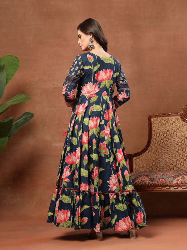 Cotton Ankle Length Printed 3/4 Sleeves V-Neck Flared Kurta