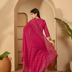 Cotton Calf Length Printed 3/4 Sleeves Round Neck Semi-Flared Kurta Suit Set