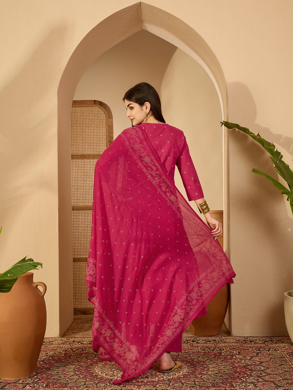 Cotton Calf Length Printed 3/4 Sleeves Round Neck Semi-Flared Kurta Suit Set