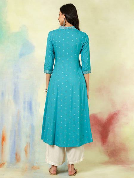 Seagreen Rayon Calf Length Solid Semi-Flared V-Neck Kurta