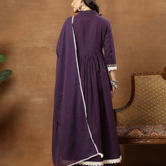 Cotton Calf Length Solid 3/4 Sleeves V-Neck Flared Kurta Suit Set