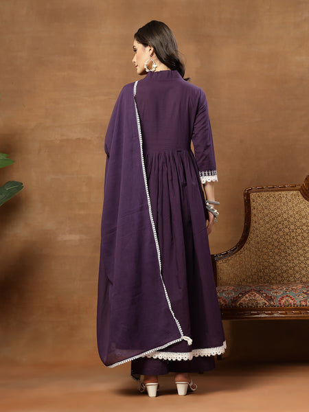 Cotton Calf Length Solid 3/4 Sleeves V-Neck Flared Kurta Suit Set