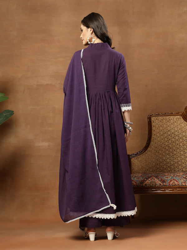 Cotton Calf Length Solid 3/4 Sleeves V-Neck Flared Kurta Suit Set