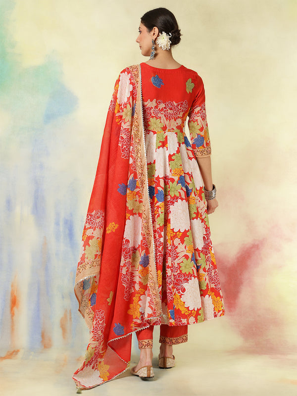 Blue Pure Cotton Printed Hand-Work Anarkali Kurta Suit Set