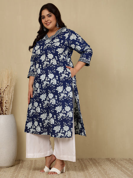 Cotton  Calf Length Printed Straight 3/4 Sleeves V-Neck Kurta