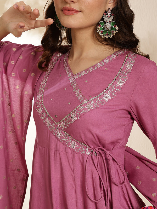 Maroon Rayon Solid 3/4 Sleeves V-Neck Anarkali Kurta Suit Set
