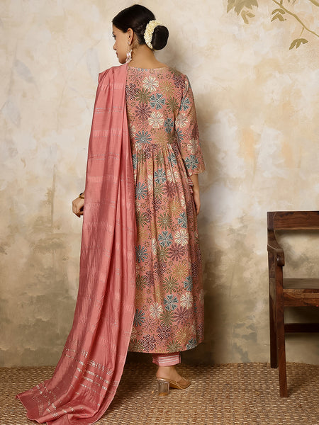 Pink Rayon Calf Length Printed V-Neck Flared Kurta Suit Set