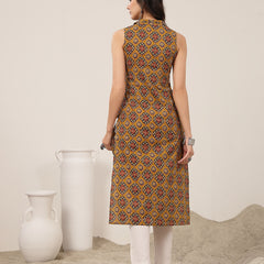Rayon Calf Length Printed Sleeveless Shirt Collar Straight Kurta