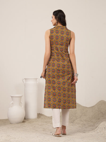 Rayon Calf Length Printed Sleeveless Shirt Collar Straight Kurta