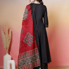 Rayon Calf Length Solid 3/4 Sleeves V-Neck Flared Kurta Suit Set