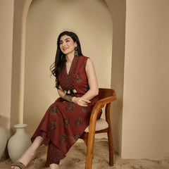 Gulmohar Jaipur Cotton Calf Length Printed Sleeveless Collard Straight Kurta Suit Set