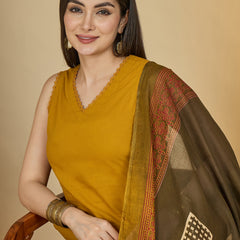 Gulmohar Jaipur Rayon Calf Length Solid Sleeveless V-Neck Straight Kurta Suit Set