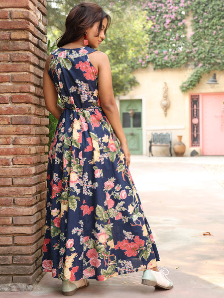 Blue Cotton Ankle Length Printed Flared V-Neck Dress