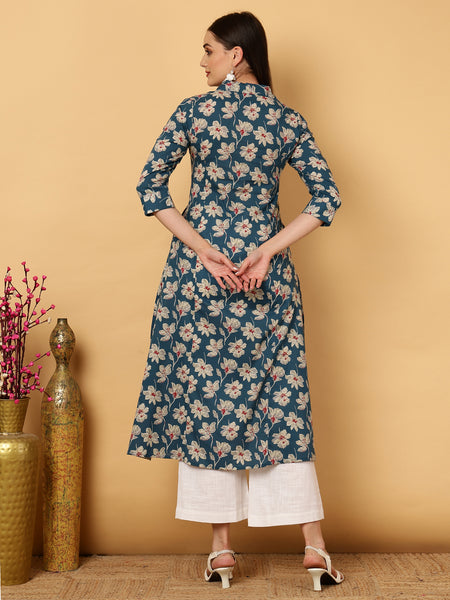 Blue Rayon Calf Length Floral A-Line Shirt Coller Kurta