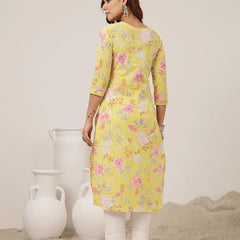 Cotton Calf Length Printed 3/4 Sleeve Round Neck Straight Kurta