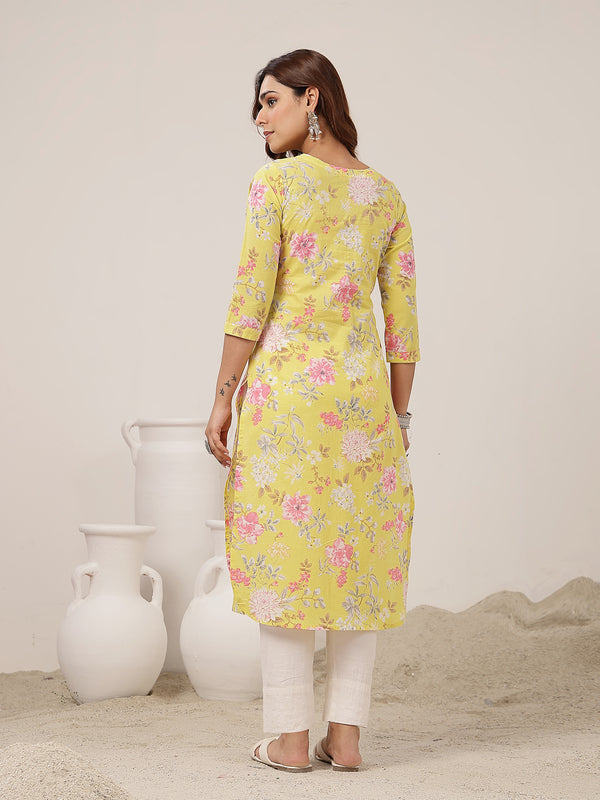 Cotton Calf Length Printed 3/4 Sleeve Round Neck Straight Kurta