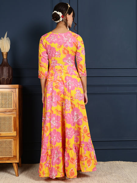Yellow Cotton Ankle Length Printed V-Neck  Anarkali Gown